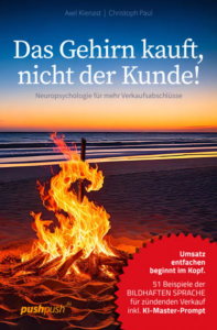 Bildh_Sprache_Sales Book cover: sunset beach scene with a bonfire and the German title 'Das Gehirn kauft, nicht der Kunde!' plus subtitle about neuropsychology for more sales closures.
