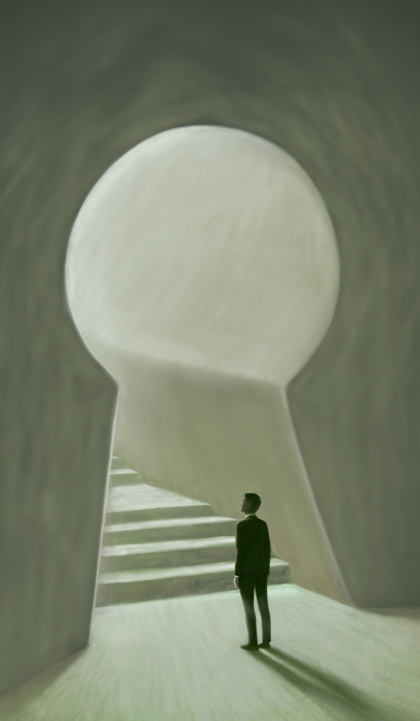 Man in a dark suit stands at the bottom of a wide, pale staircase leading into a large rounded opening in a surreal, softly lit interior.
