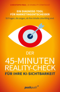 KI_Visbility Book cover with an eye and bullseye target on an orange gradient, title 'Der 45-Minuten Reality-Check' for AI visibility Health.