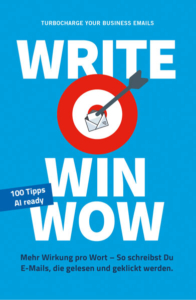 Book cover for 'WRITE WIN WOW' on a blue background, featuring a red bullseye with an arrow through an envelope and a German subtitle.]